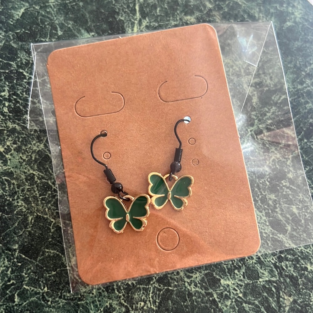 Green butterfly long ear rings